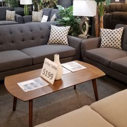 Brand New Gray/Tan/Teal Midcentury Modern Linen 82" Sofa + 60" Loveseat 2PCs Set