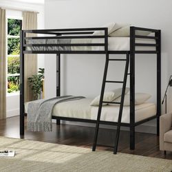 Metal Bunk Bed Twin Over Twin Size with Angled Ladder & Guardrail, Space-Saving, Black