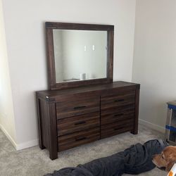 Solid Wood Dresser With Attached Mirror And California King Size Bed Frame, Desk