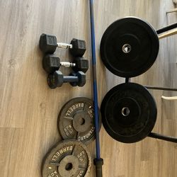 Gym Equipment, Olympic Bar, Plates,  Dumbbells 