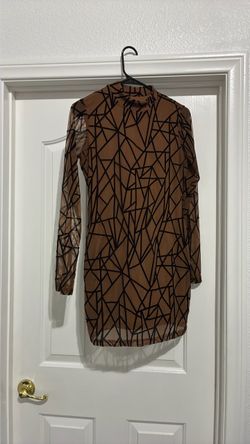 Brown Mesh Geometric Print Mini Dress