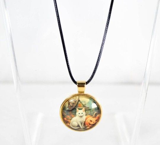 Autumn Enchantment – Gothic Cat Necklace Collection White Cat Pumpkin Patch Gold