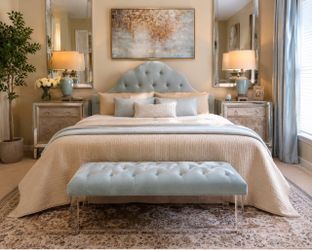 Elegant Light Blue Tufted Velvet Headboard + Matching Bench