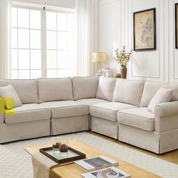 L-Shaped Oversized Modular Linen Sectional Sofa With Rolled Arms, Cushion Back, Modern Style Convertible 5-Seater Corner Couch, Easy Assembly, for Apa