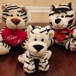 Three (3) White Tigers with Love Hearts Plush Toys Valentines Day Present