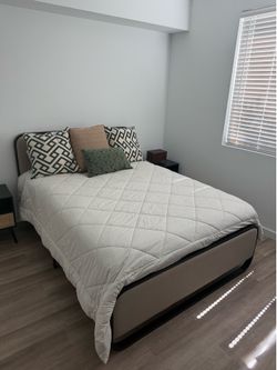 Modern Upholstered Queen Bed Frame – Cream & Black + Mattress