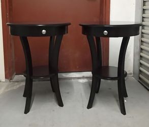 Sturdy Round Blackish/Brown  Wood Side Tables  or Plant Tables with Small Drawer and Bottom Shelf. 30x19 round
