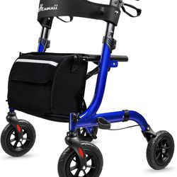 Henmnii Rollator Walker for Seniors, Lightweight Foldable All Terrain Rolling Walker with seat, Aluminum Walkers with 8 inch Rubber Wheels, Handles an