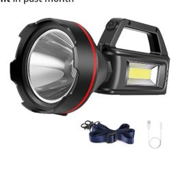 Rechargeable Spotlight Flashlight, High Lumens Handheld Spotlight, LED Searchlight with Shoulder Strap and USB Output for During Hurricane, Emergency,