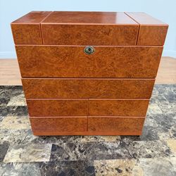 Suzanne Somers Collection Burled Maple Wood Jewelry Armoire Chest with Navy Blue Lining