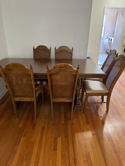 Wood Dining Table Set with 6 Cane Back Chairs