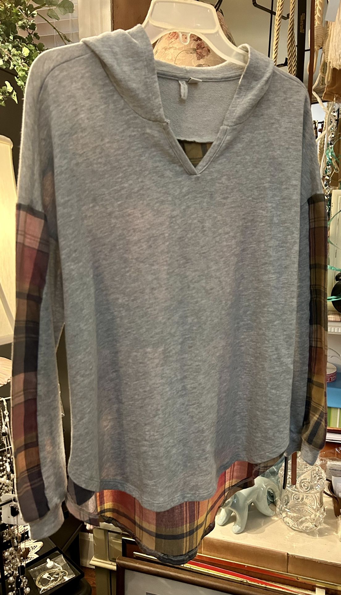 Ladies Large Cato Layered Look Plaid Tunic Shirt Hoodie