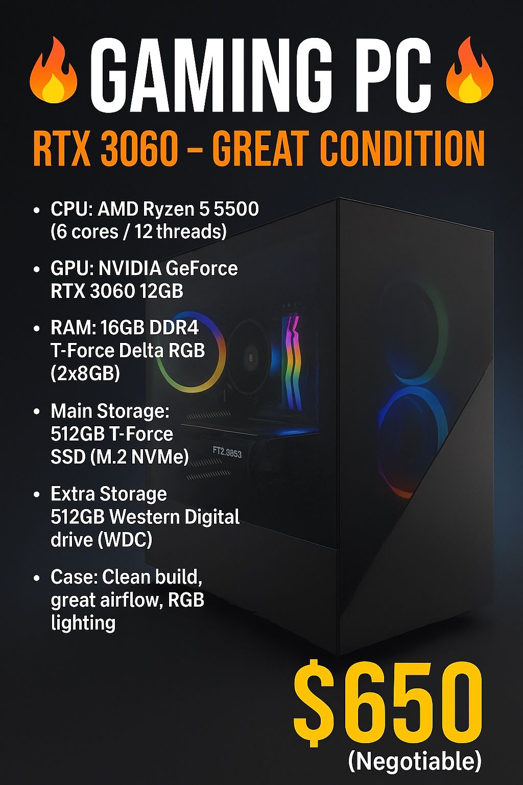 Computer/Gaming PC – RTX 3060, Ryzen 5, 16GB RAM – Ready to Play