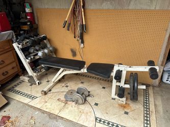 Weight set / workout equipment / dumbbells + rack / weight bench