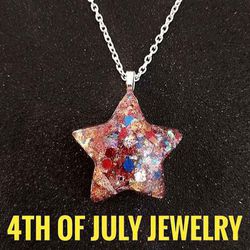 Patriotic glitter Kawaii star pendant on 20 inch silver necklace 4th of July 