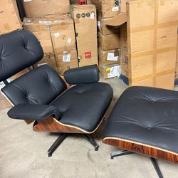 Mid Century Chaise Lounge Chair With Ottoman, Top Grain Leather, Modern Office Chair Classic Design, Heavy Duty Base Support For Living Room Study Lou