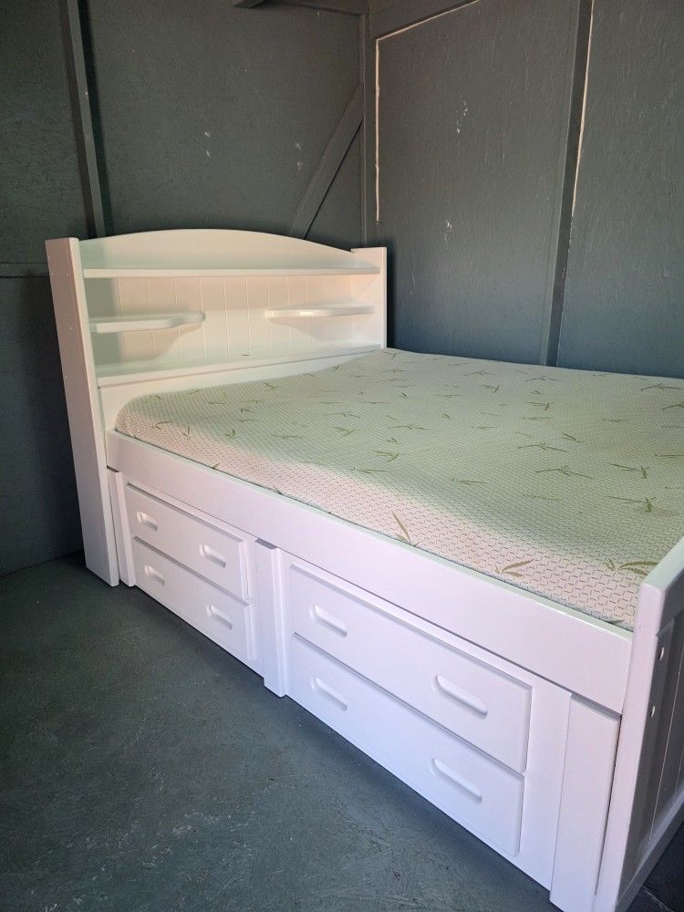 Bed Frame, mattress and storage.