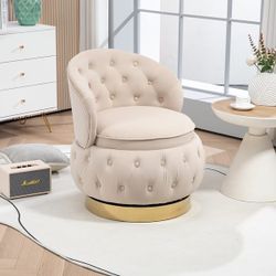 Beige 360 Degree Swivel Cuddle Barrel Storage Chairs Swivel Accent Barrel Chair with Gold Stainless Steel Base [NEW]