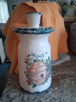Ceramic Canister Jar with Birdhouse Floral Design