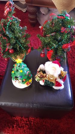 2 small trees, candle holder & Santa figure