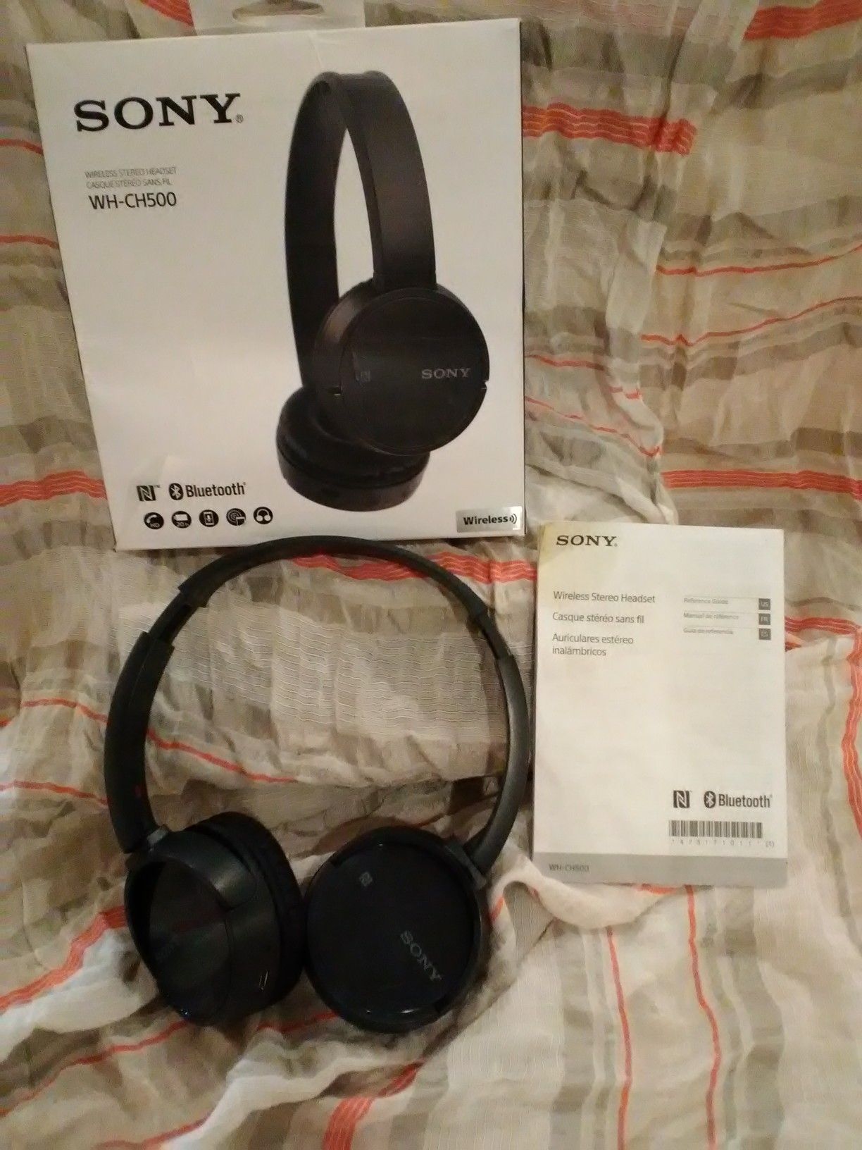 Sony WH-CH500 wireless headphones. All parts included in the box.