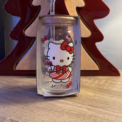 Hello Kitty Candy cane Dress Drinking Glass With Glass Straw