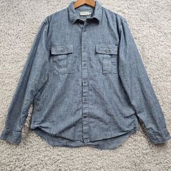 Vince Shirt Mens L Blue Rinse Wash Chambray Button Up Long Sleeve Raw Hem READ 