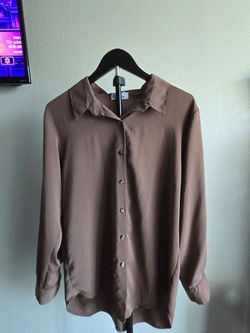 Brown Satin Stretchy Button Up