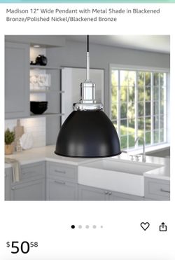 12" Wide Pendant with Metal Shade in Blackened Bronze/Polished Nickel
