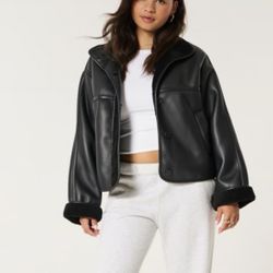 Black Leather Fleece Jacket Size Small