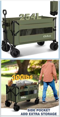 Chihee Garden Cart Collapsible Outdoor Utility Wagon Cart,Folding Beach Cart Oversized Capacity 254L,Heavy Duty Portable Wagon All Terrain Wheels Over