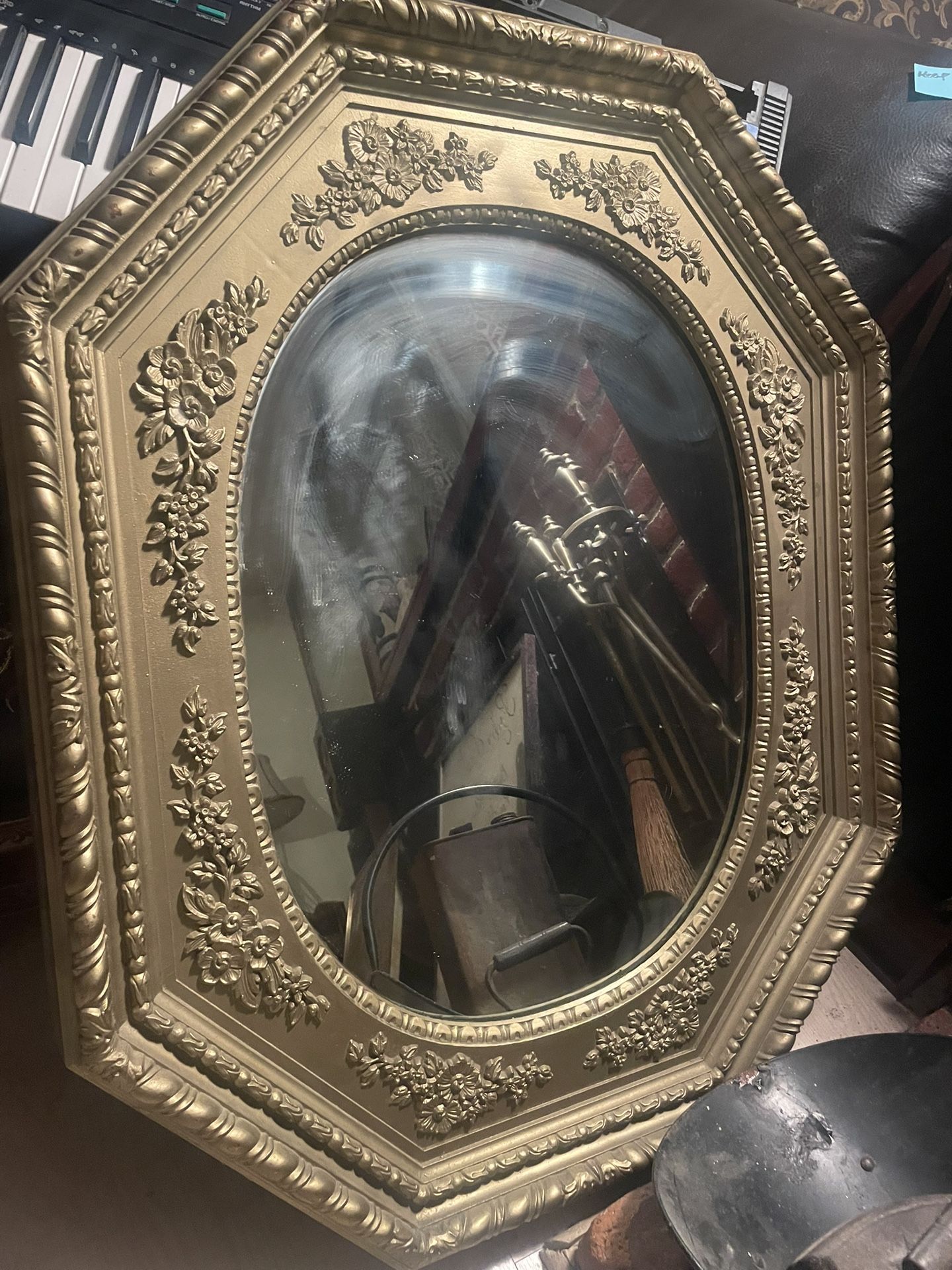 VTG 70s MCM Regency Ornate Gold Country Floral Hexagon Decorative Wall Mirror