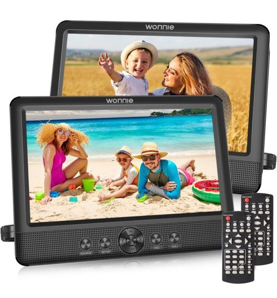 WONNIE 10.5" Two DVD Players Dual Screen for Car Portable CD Player, Play a Same or Two Different Movies with Two Mounting Brackets, 5-Hour Rechargeab