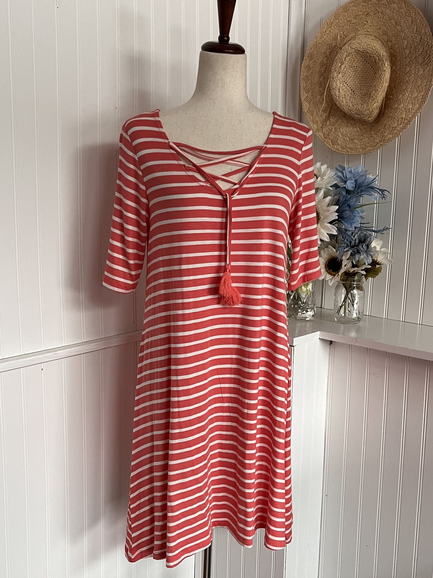 Coral & White Striped Lace Up Short Sleeved Summer Dress 