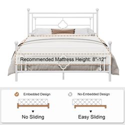 Sha Cerlin Full Size White Metal Platform Bed with Vintage Victorian Headboard