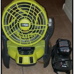 LIKE NEW RYOBI ONW BUCKET TOP PORTABLE HYBRID MISTING FAN KIT 18V PMF01ID W/ BATTERY & CHARGING DOCK