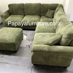 New! Plush Sage Green Sectional, Sectional And Storage Ottoman, Sectionals, Sofa, Couch, Green Couch, green Couch, Corduroy Sectional, USB Charger