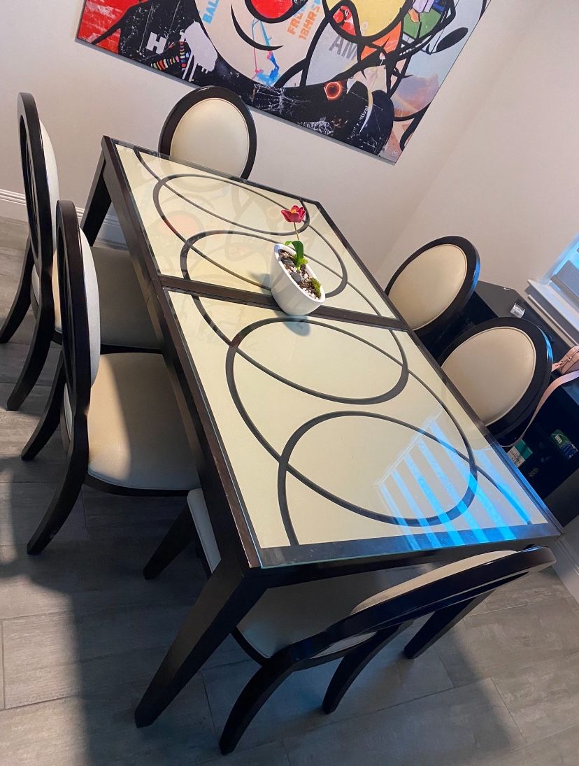 Glass-Top Dining Table with 6 Upholstered Chairs