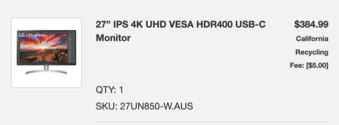LG UltraFine 27” 4K USB-C Monitor 27UN850-W – $150