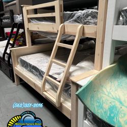 Twin / Full Solid White Wash Pine Wood Bunk Bed With Deluxe Mattresses