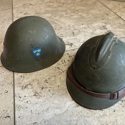 Two vintage military helmets circa WW2 WWII French Swedish Would Trade for militaria 
