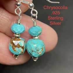 Chrysocolla Genuine Faceted Stone .925 Sterling Silver Earrings