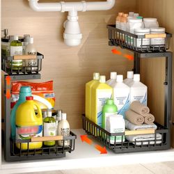 Under Sink Organizer, 2 Pack Under Sink Organizers and Storage, 2-Tier Pull Out Under Cabinet Organizer Storage Shelf, Metal Frame, Height Adjustable 