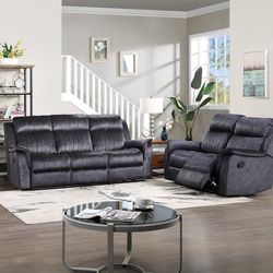 Brand New Blue Gray Fabric Manual Reclining Loveseat + Sofa With Cup Holders