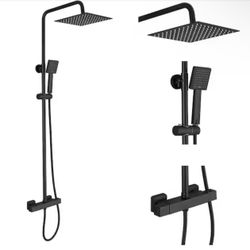 Double Handles 2-Spray Shower Faucet Rectangular Rain Shower Head 1.8 GPM with High Pressure Slide Bar in. Matte Black