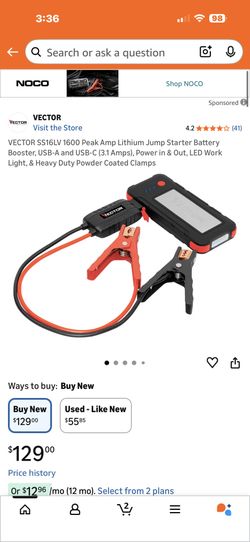 VECTOR SS16LV 1600 Peak Amp Lithium Jump Starter Battery Booster, USB-A and USB-C (3.1 Amps), Power in & Out, LED Work Light, & Heavy Duty Powder Coat