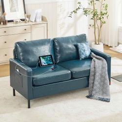 56'' Faux Leather Loveseat Sofa Comfy 2-Seat Couch w/ 2 USB Charge Ports Blue