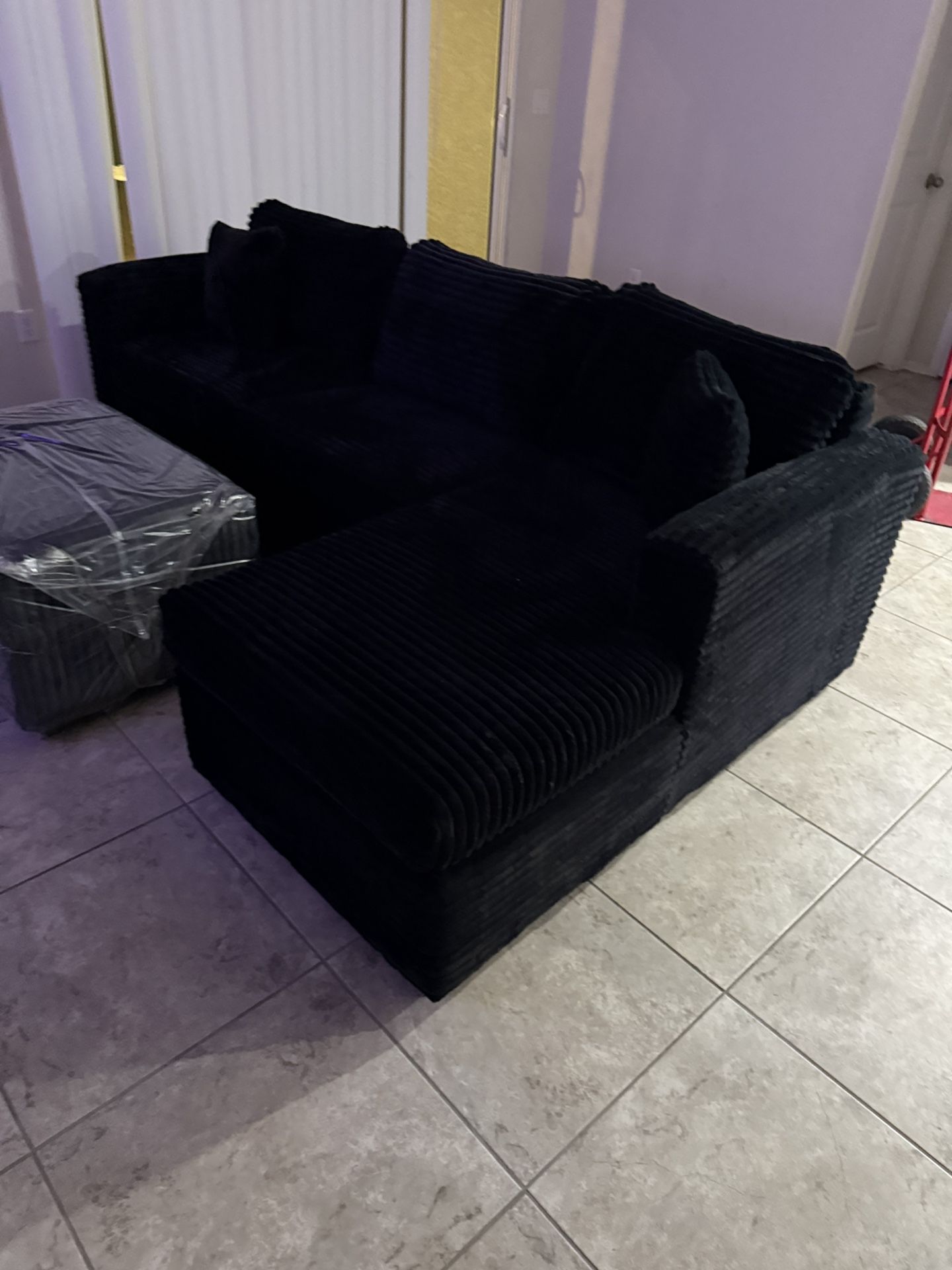 Brand New Black Corduroy Sectionals With Free Ottoman