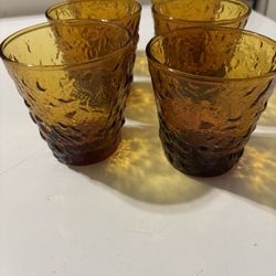 Vintage Amber Crinkle   Rock Glasses Set Of 6 ( 31/4  Tall X31/8  Diameter, No Cracks Or  Chips .