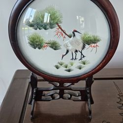 Vintage Chinese glass silk hand embroidered table screen w/ mahogany stand